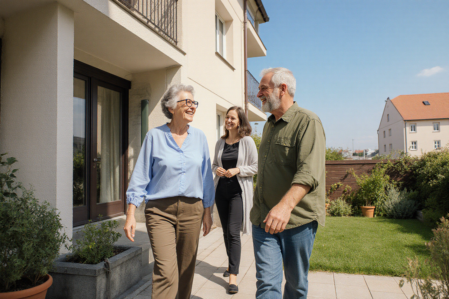 Warmes Gespräch eines erfahrenen Paars mit Ansprechpartnerin auf ebenerdiger Terrasse einer normalen Gartenwohnung