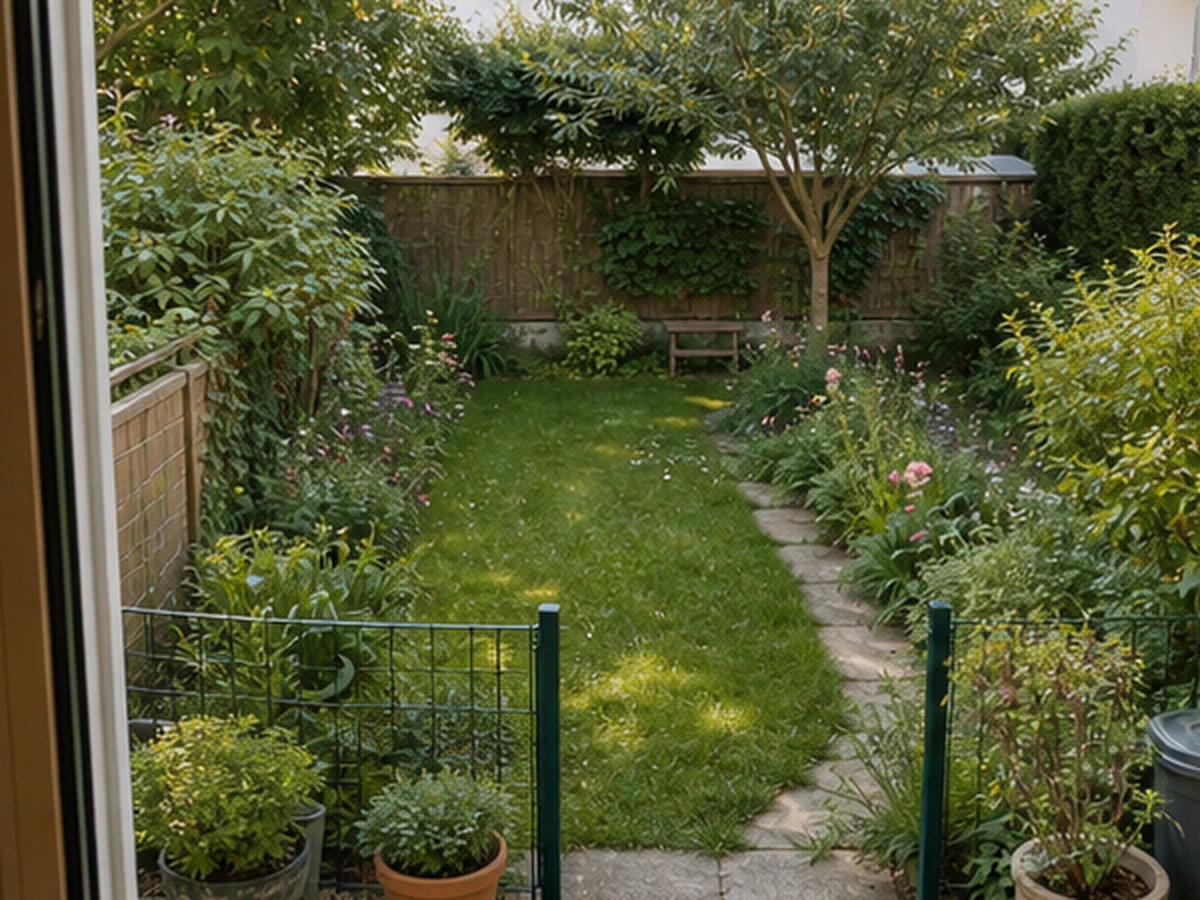 Personen besprechen Wohnungsgrundriss und Gartenplan